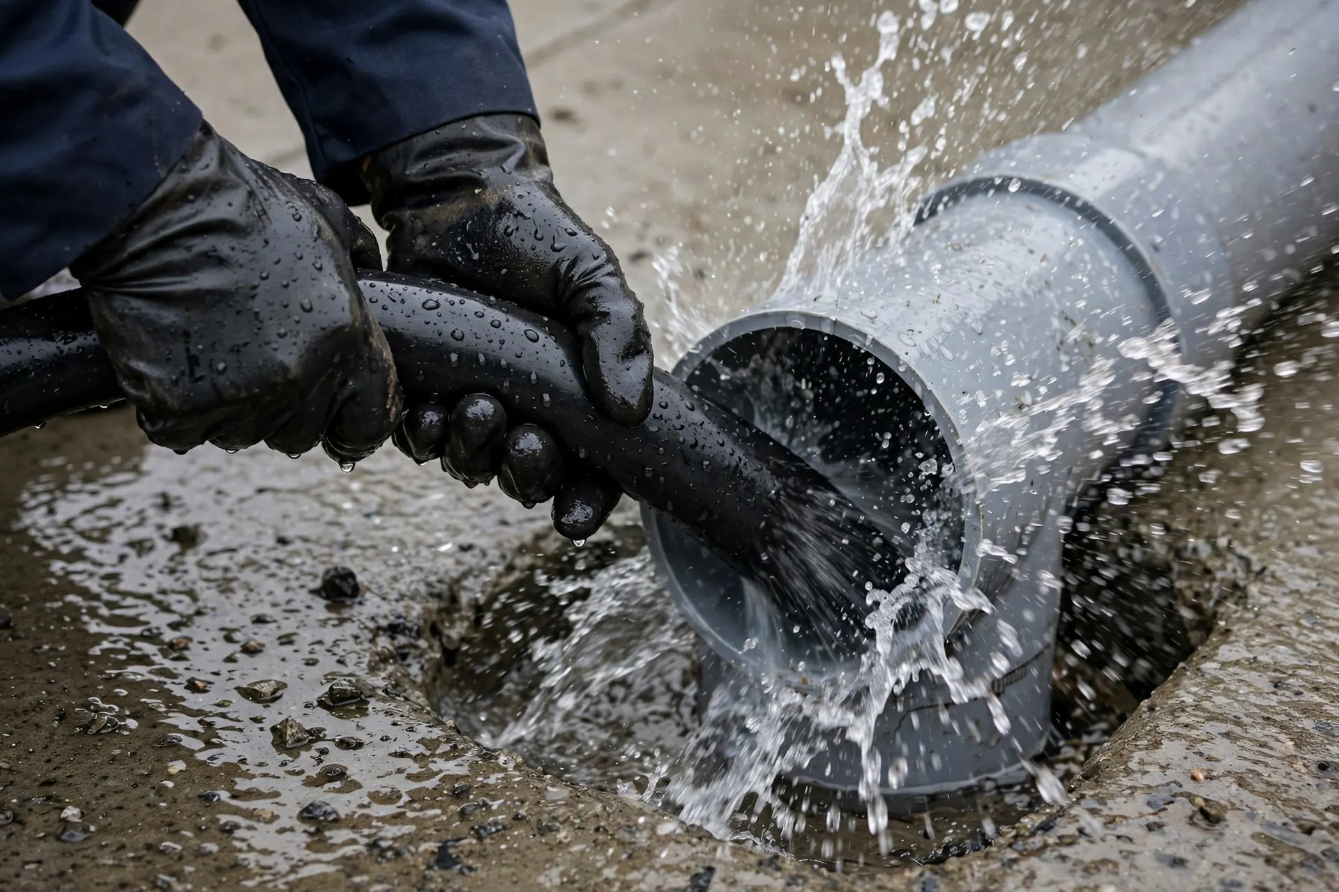 Jetting hose entering a sewer cleanout