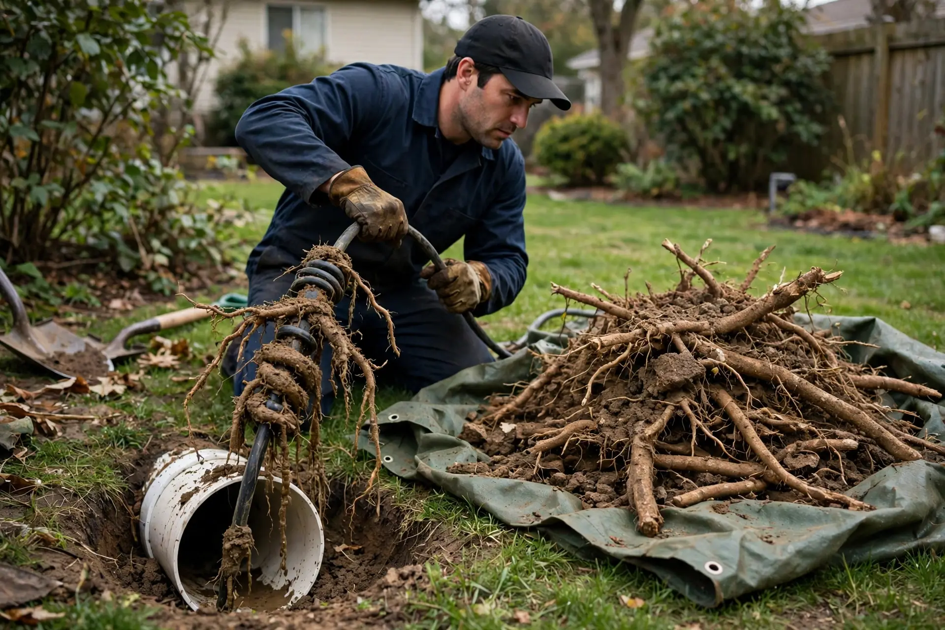 Technician pulling tree roots out of a sewer cleanout