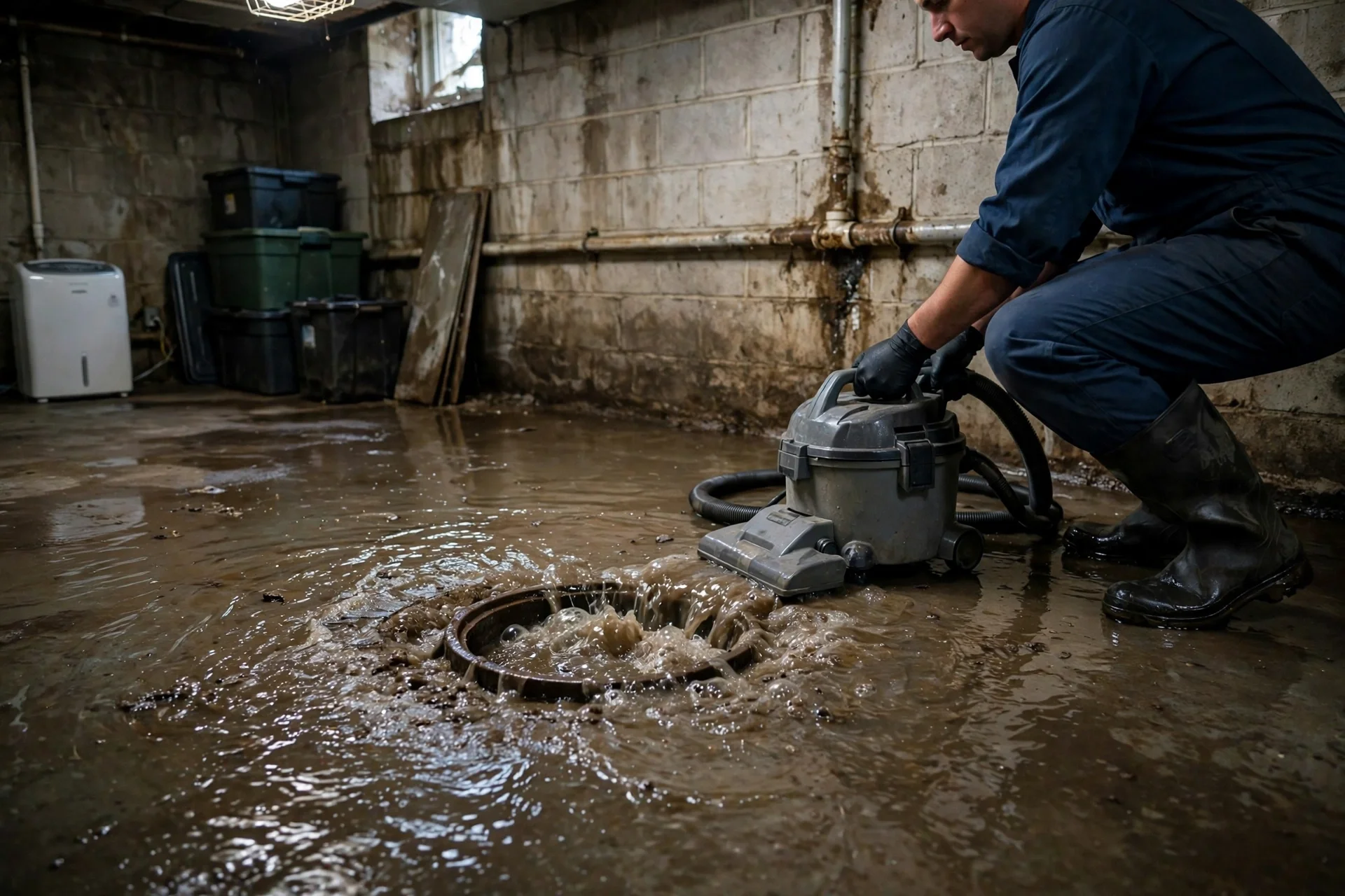 Water pooling at a basement drain during a sewer backup