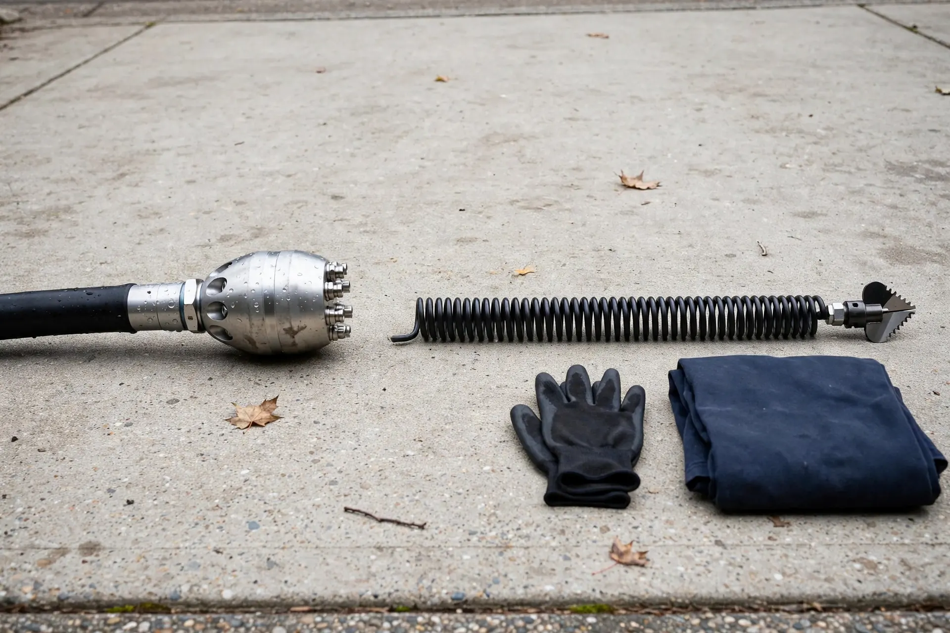 A jetting nozzle and a drain cable side by side