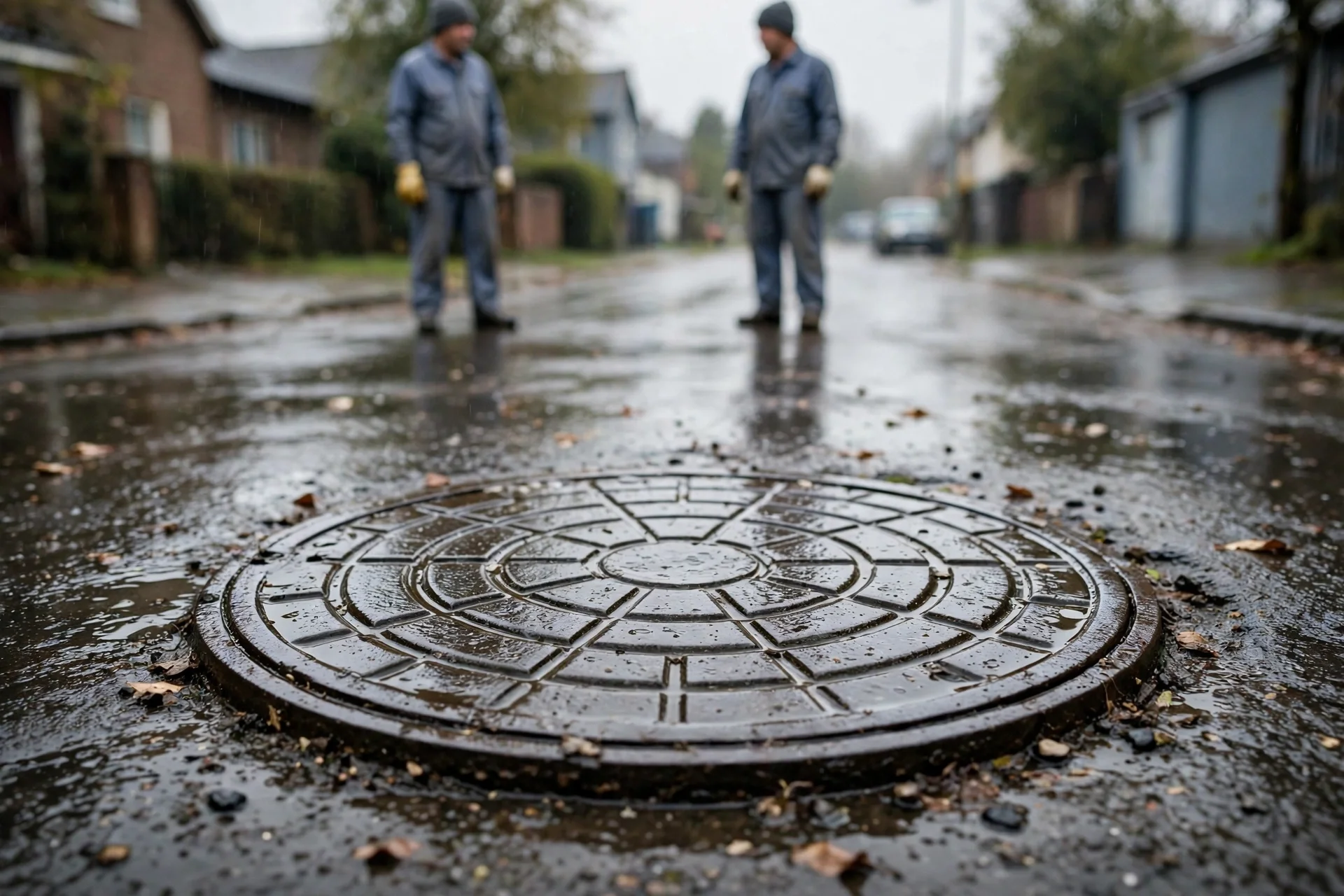 A manhole cover on a wet street