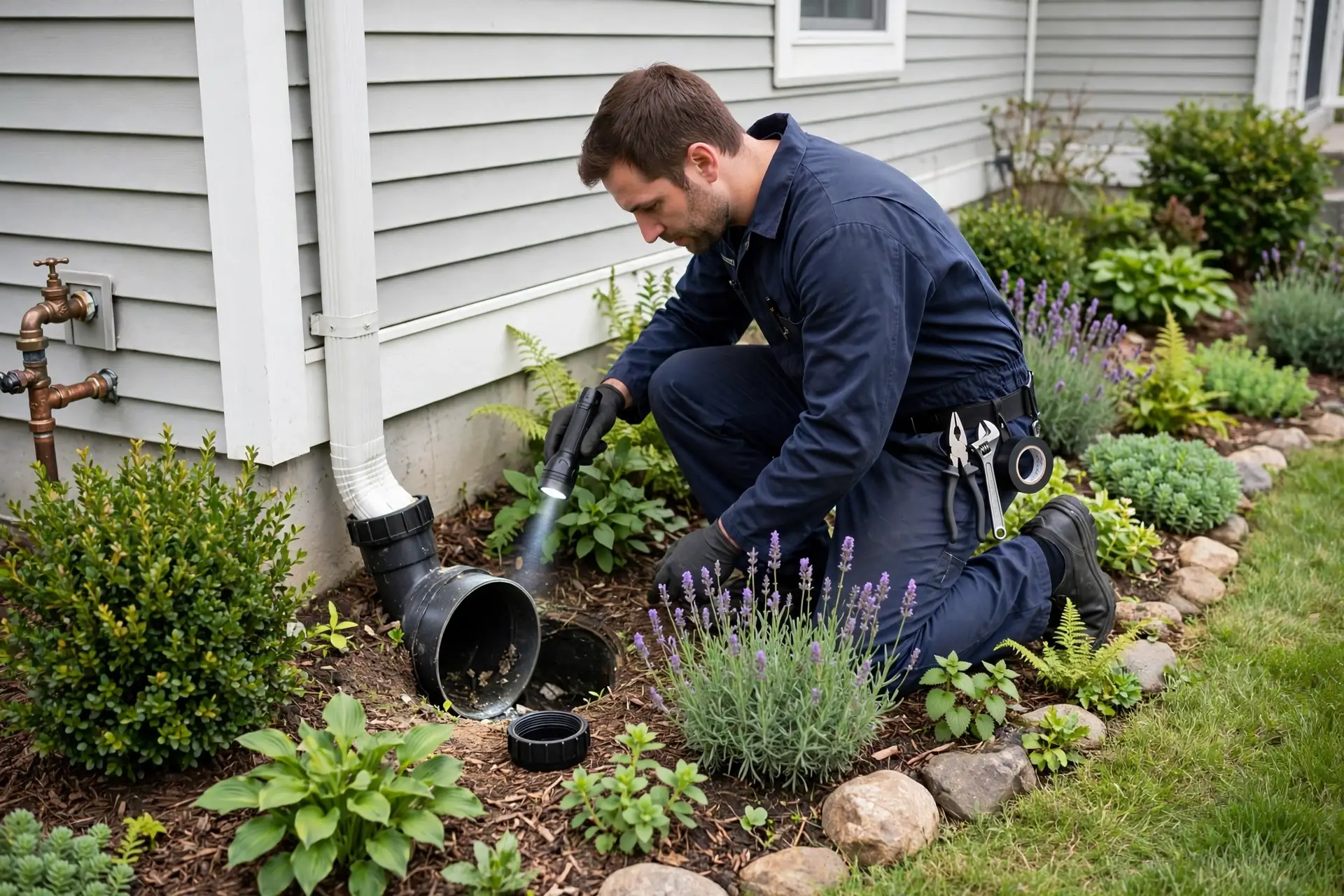 Routine cleanout maintenance check in a front yard