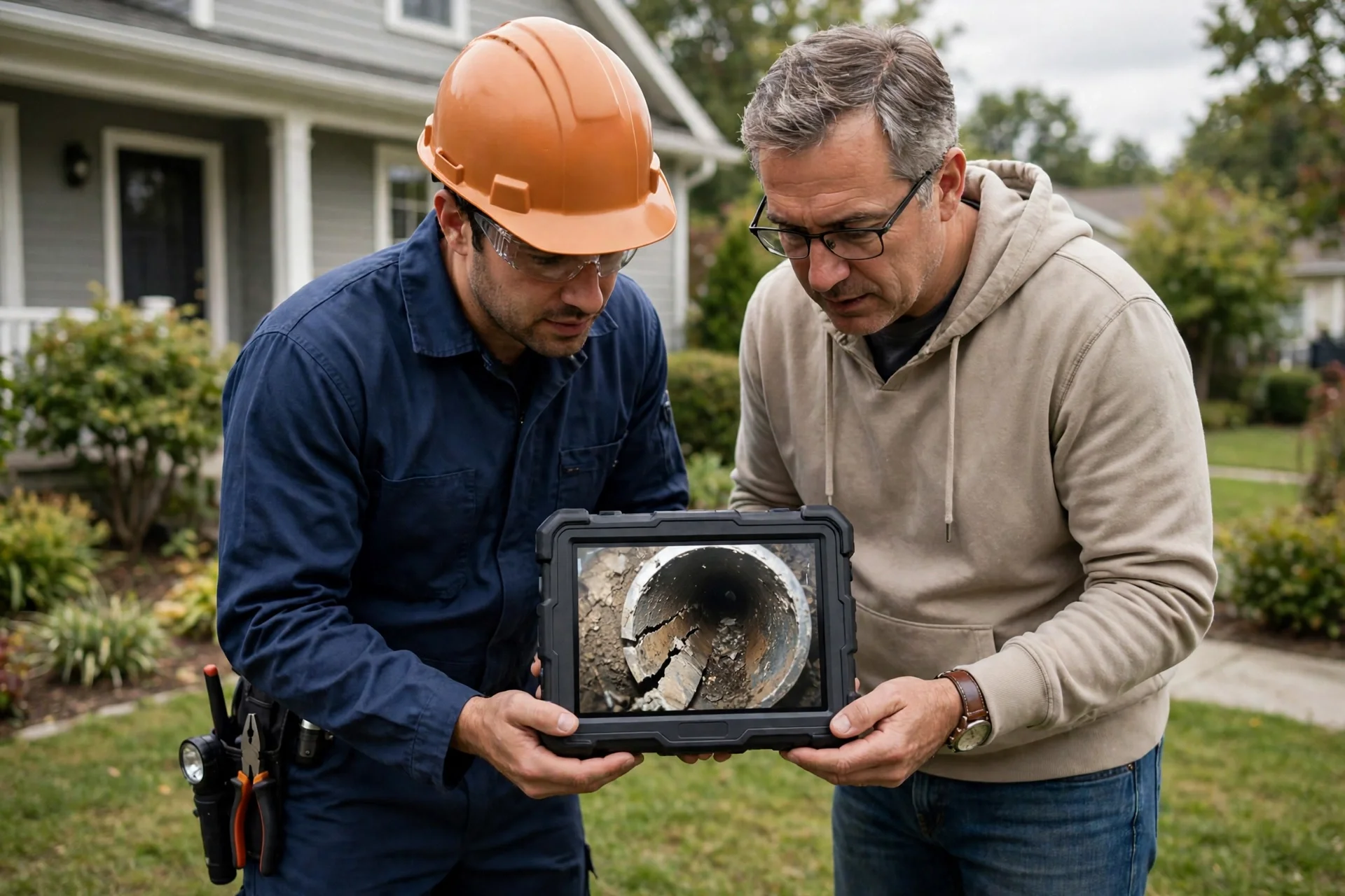 Technician showing a homeowner the camera view of a cracked pipe