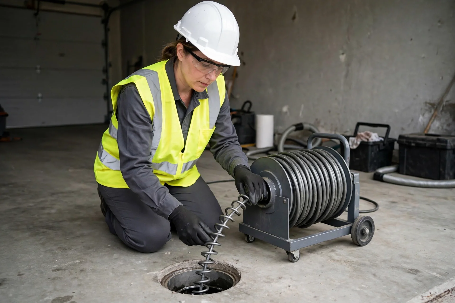 Worker feeding a cleaning cable into a garage cleanout