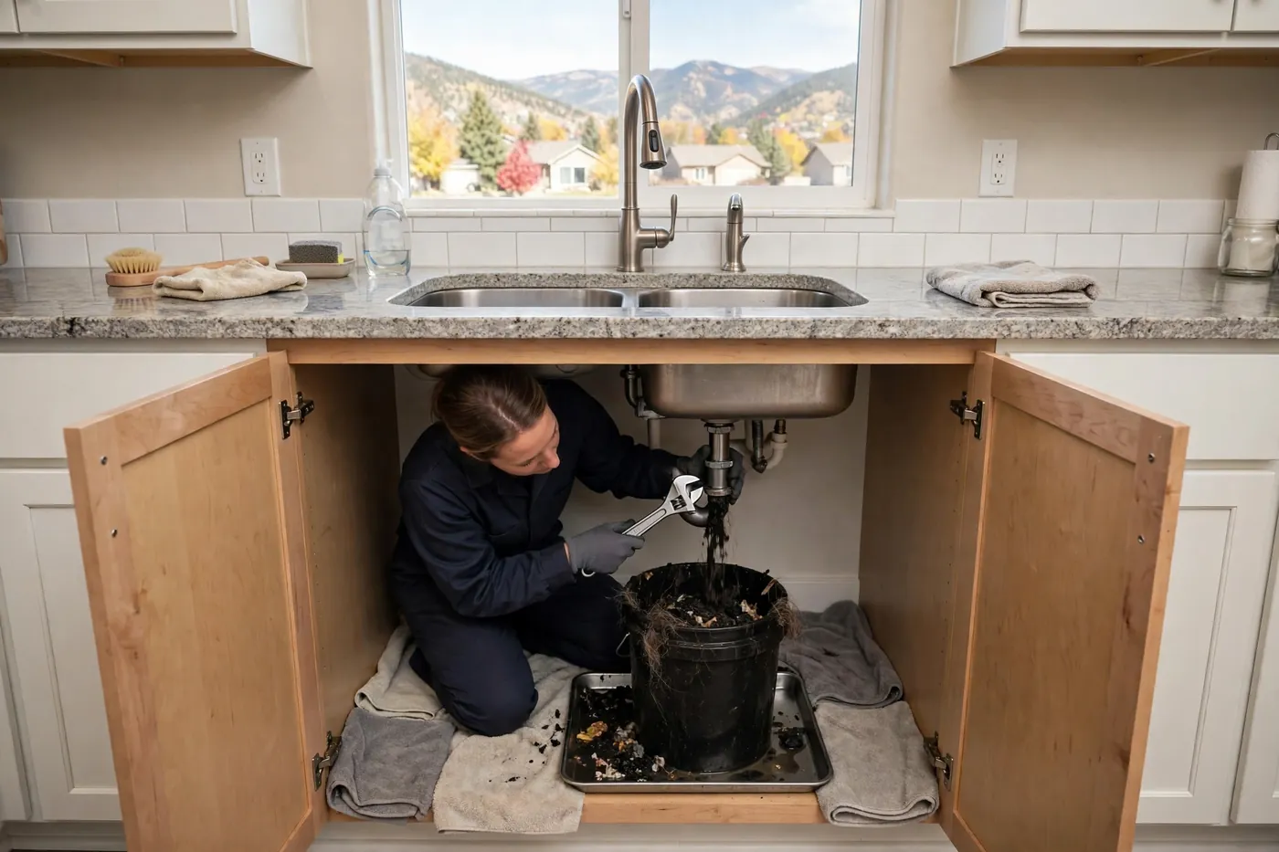 Technician kneeling under a kitchen sink on protective towels, opening the trap with clog material draining into a bucket