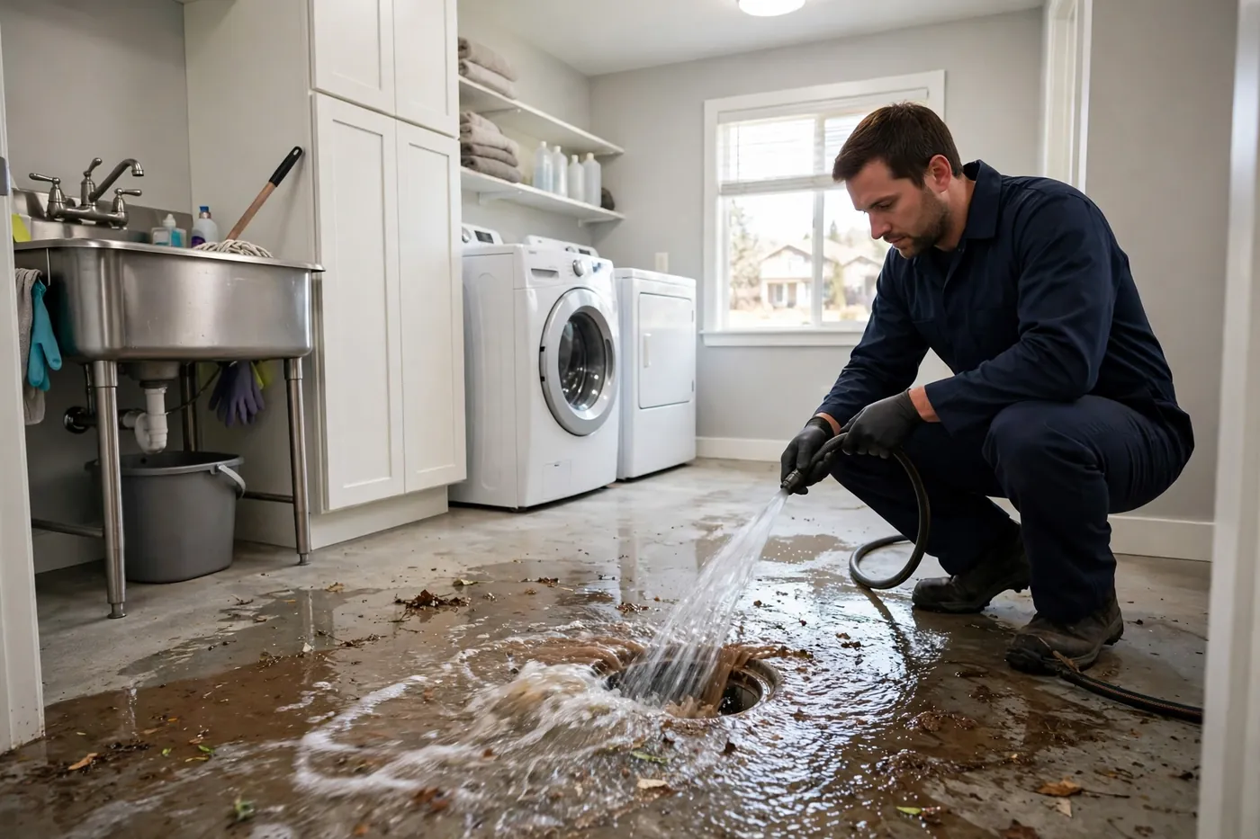 Technician crouching in a laundry room, flushing a floor drain with a hose to wash residue through