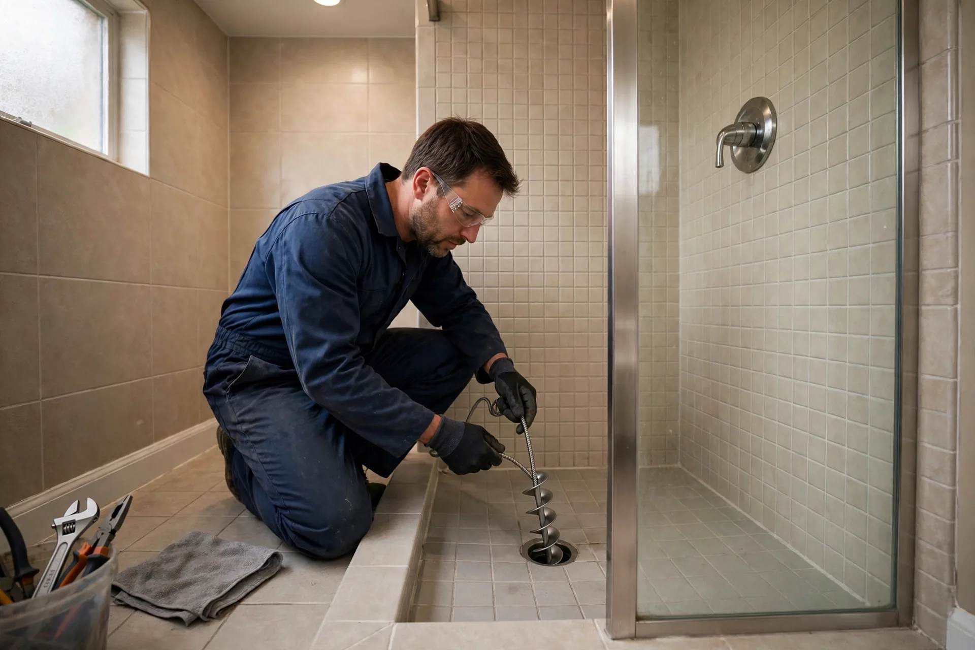 Technician snaking a shower drain