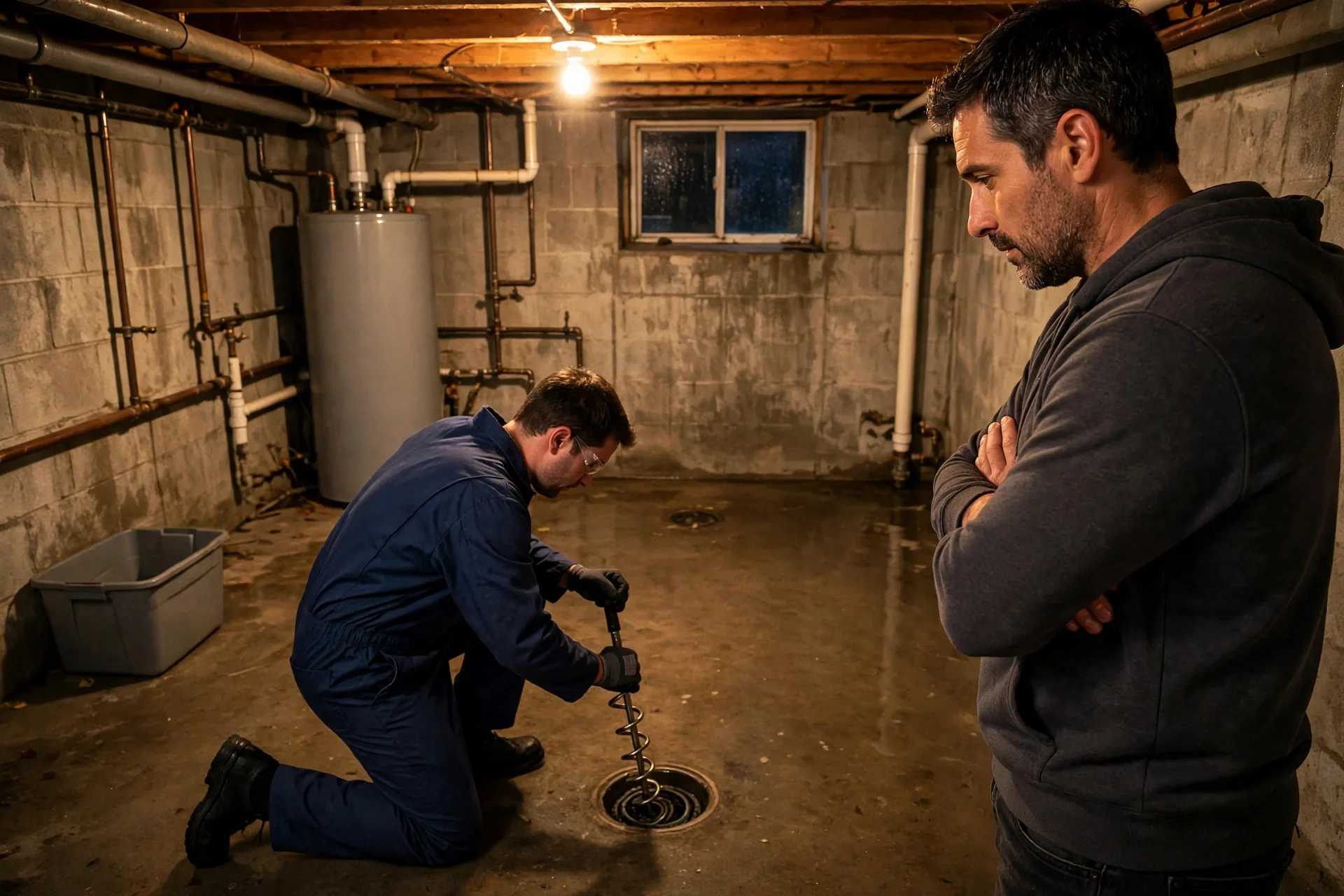 Technician clearing a flooded basement drain at night