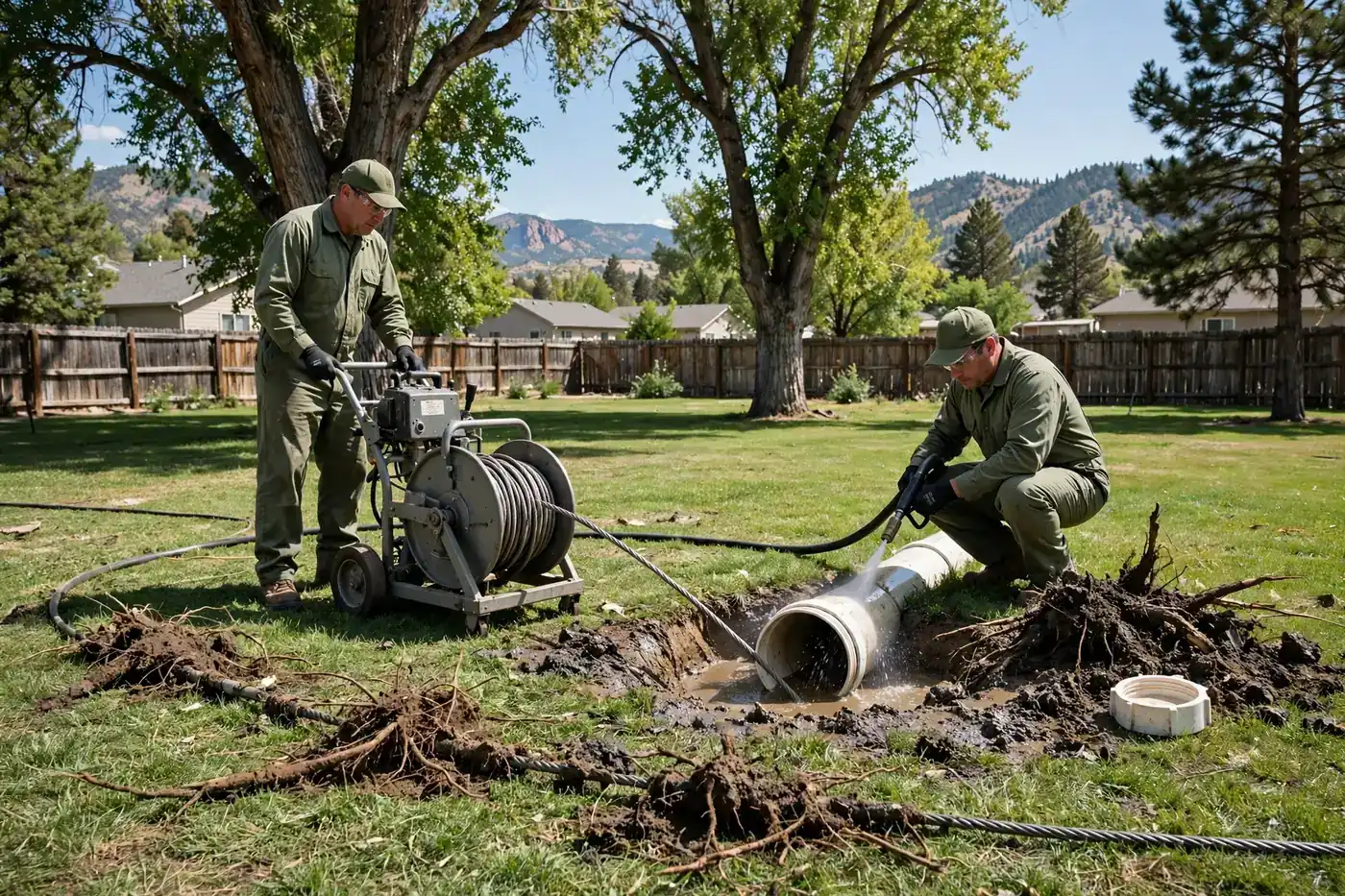 Two workers in a backyard operating a drain auger machine and jetting hose at an open pipe, with pulled root debris on the grass