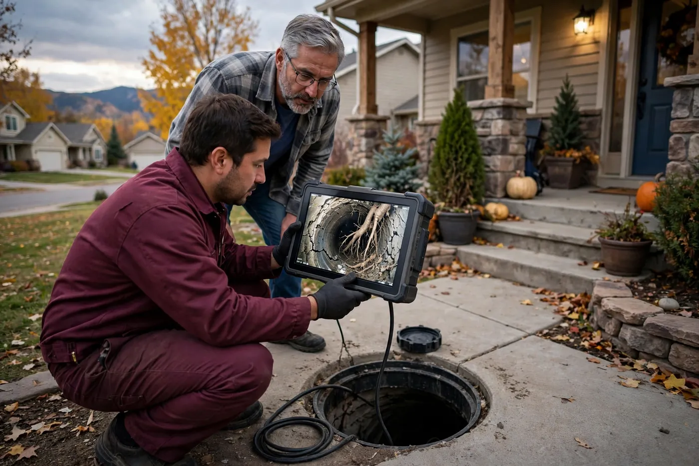 Technician at dusk showing a homeowner a camera monitor with tree roots inside a cracked sewer pipe, at a front-porch cleanout