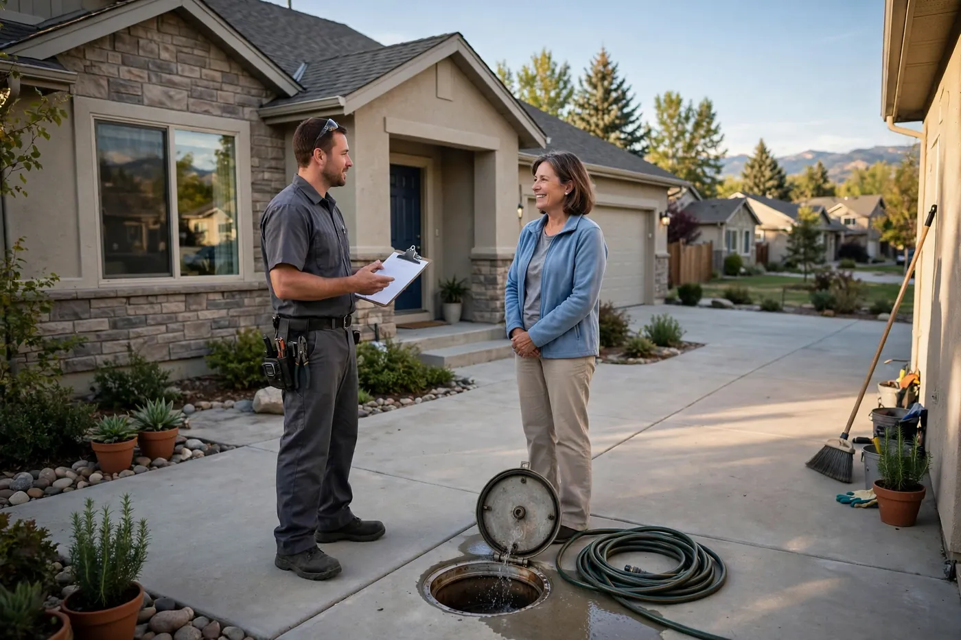 Technician with a blank clipboard discussing next steps with a homeowner on a tidy driveway beside a flushed cleanout and coiled hose