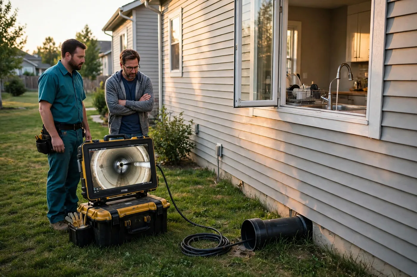 Plumber and homeowner viewing a monitor showing a clean sewer pipe at full width beside the house while a kitchen tap runs