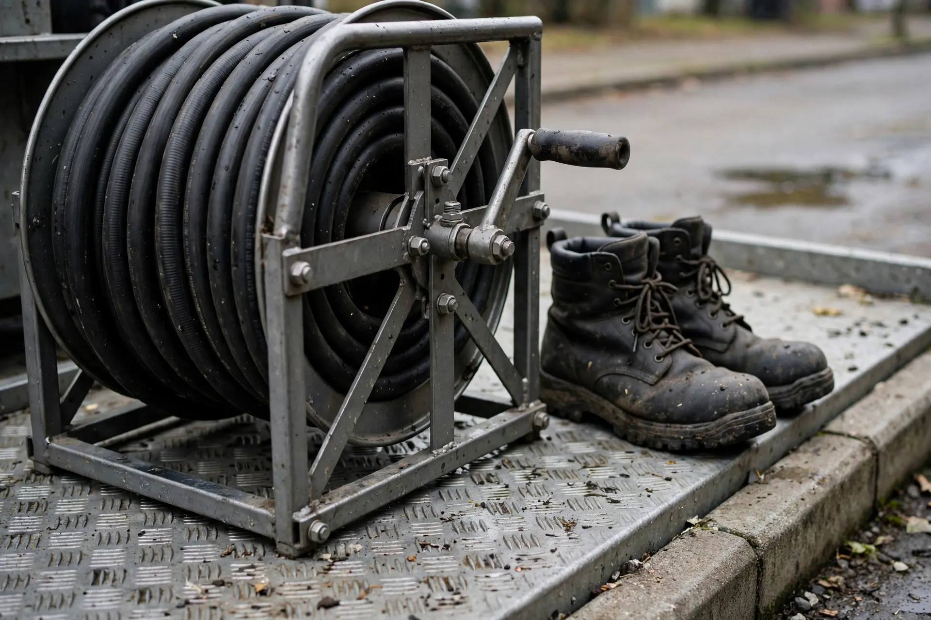 Jetter hose reel on a trailer at the curb