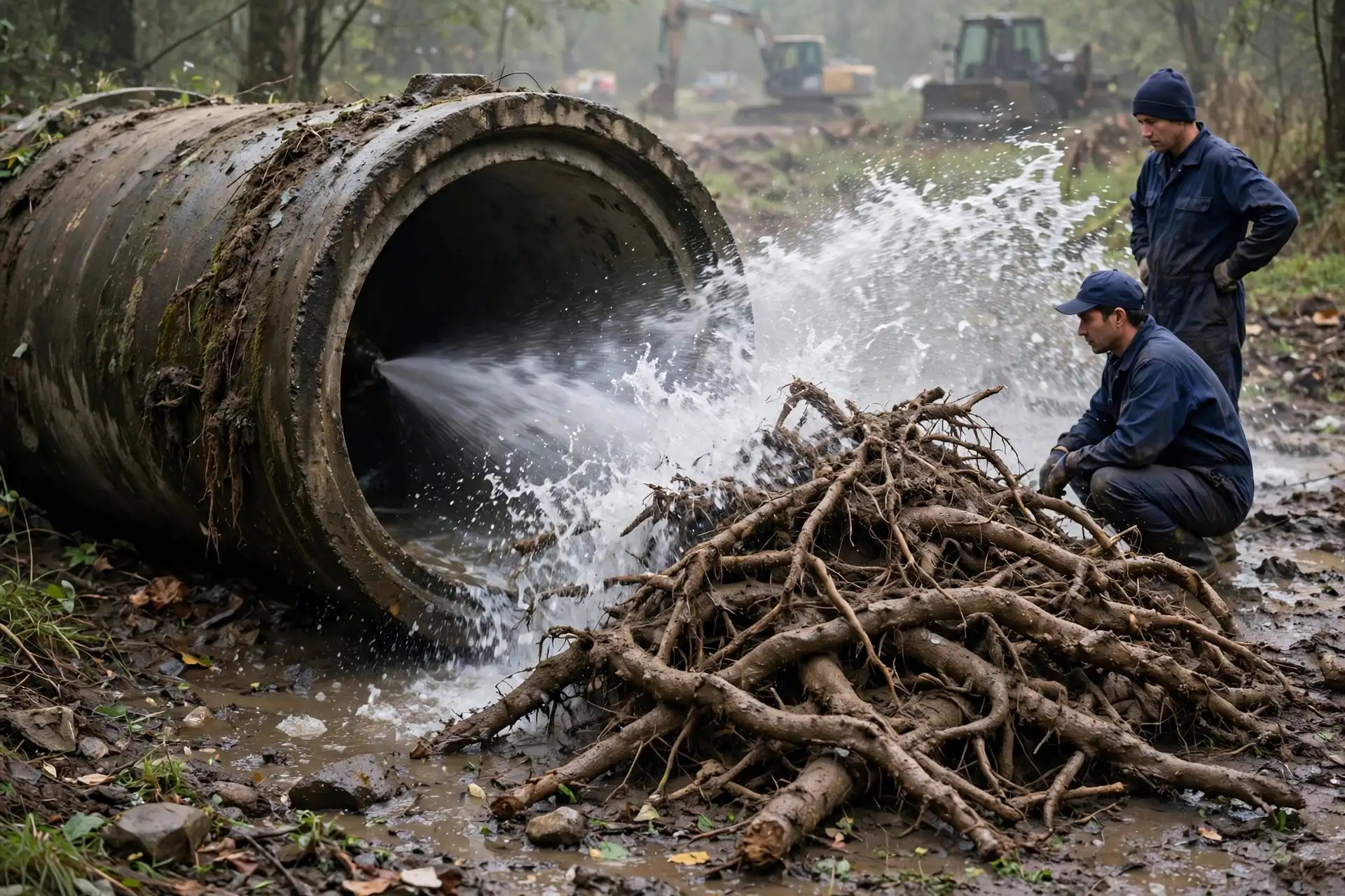 Tree roots washed out of a pipe by jetting