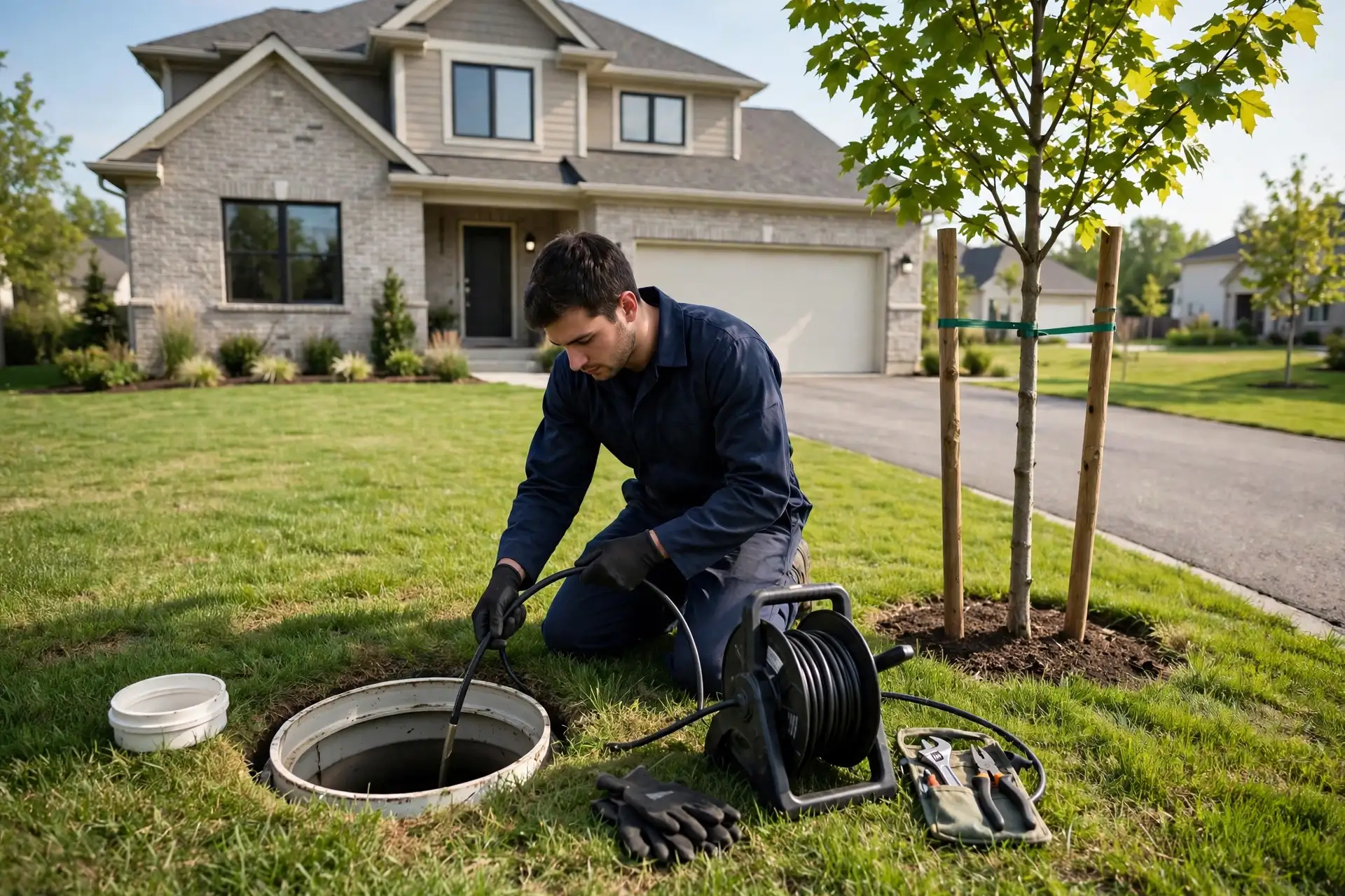 Technician at a cleanout in front of a Centennial home