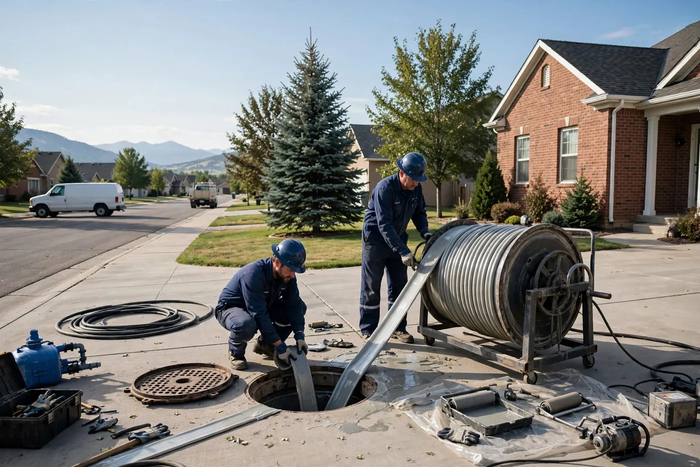 Two workers feeding a resin liner from a large lining drum into a driveway access point beside a brick Littleton home