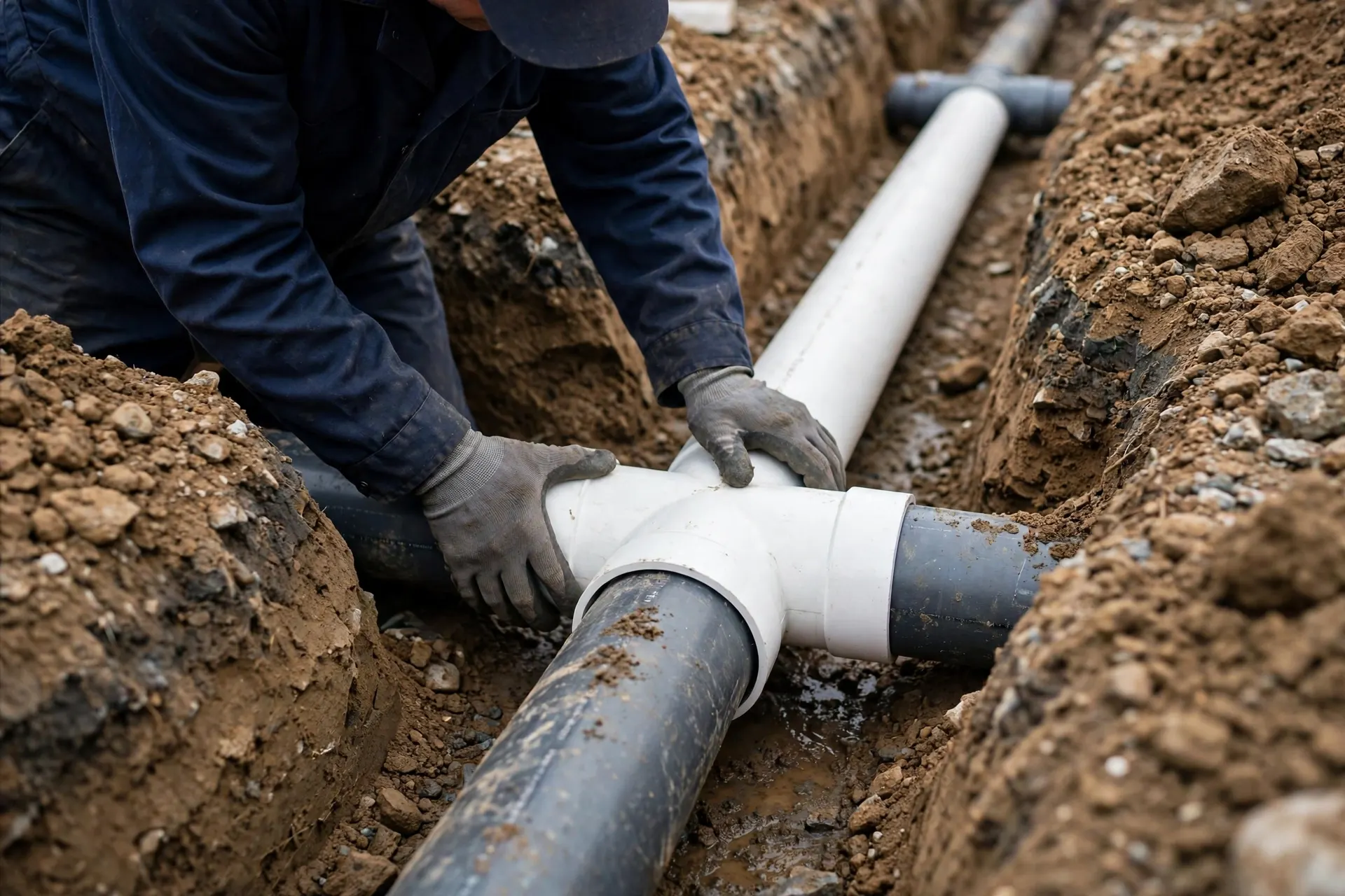 Worker fitting a new pipe section in a trench