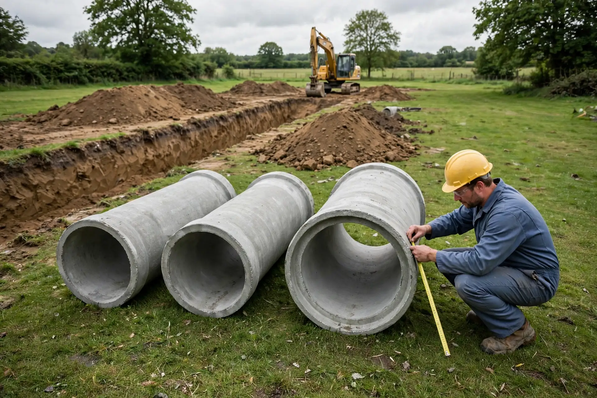 New pipe sections laid out beside a trench