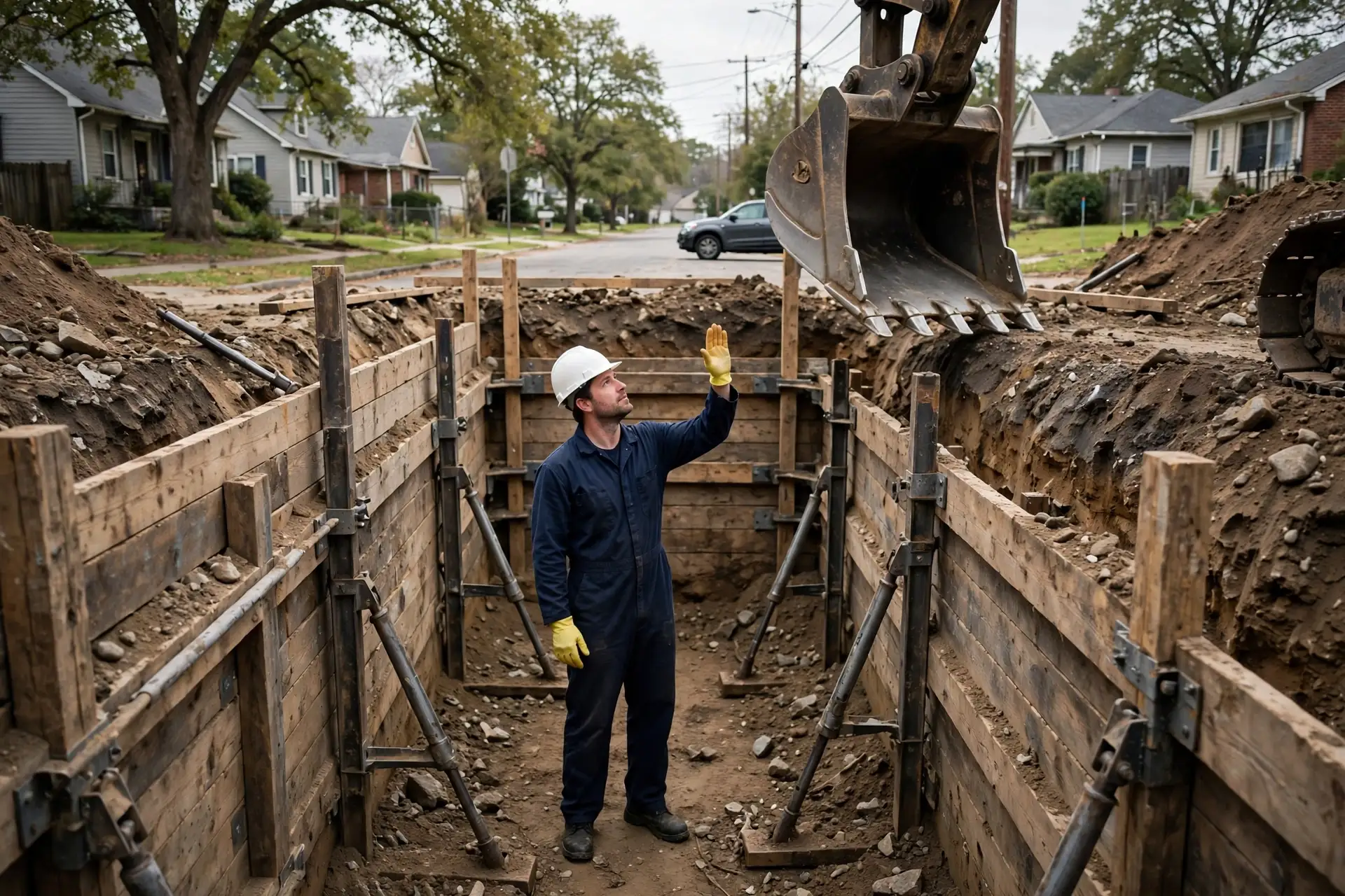 Worker guiding excavation in a shored trench
