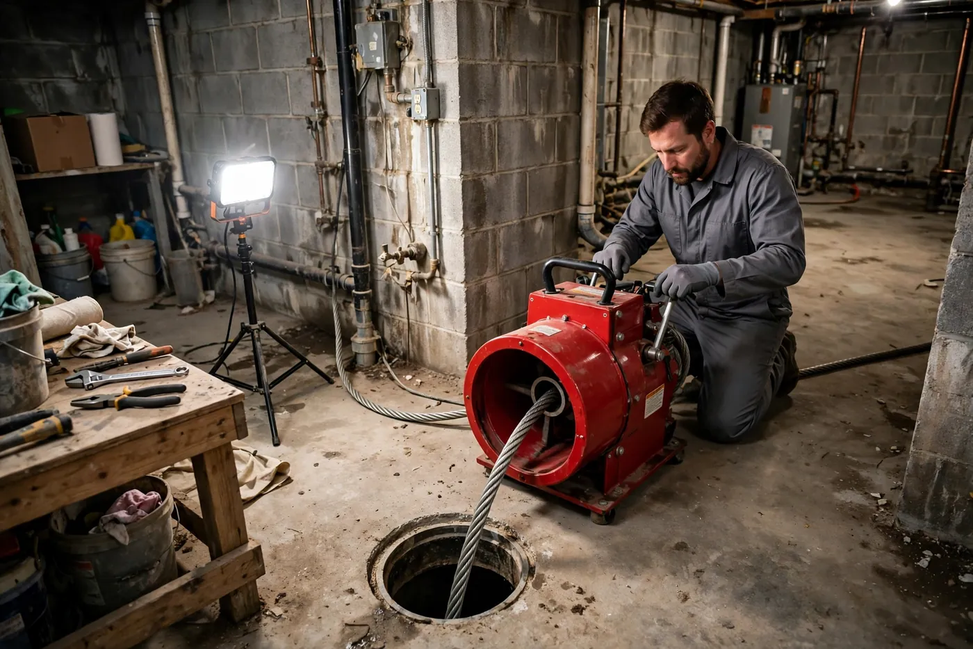Technician operating a red cable drain machine feeding a steel cable into a basement floor cleanout