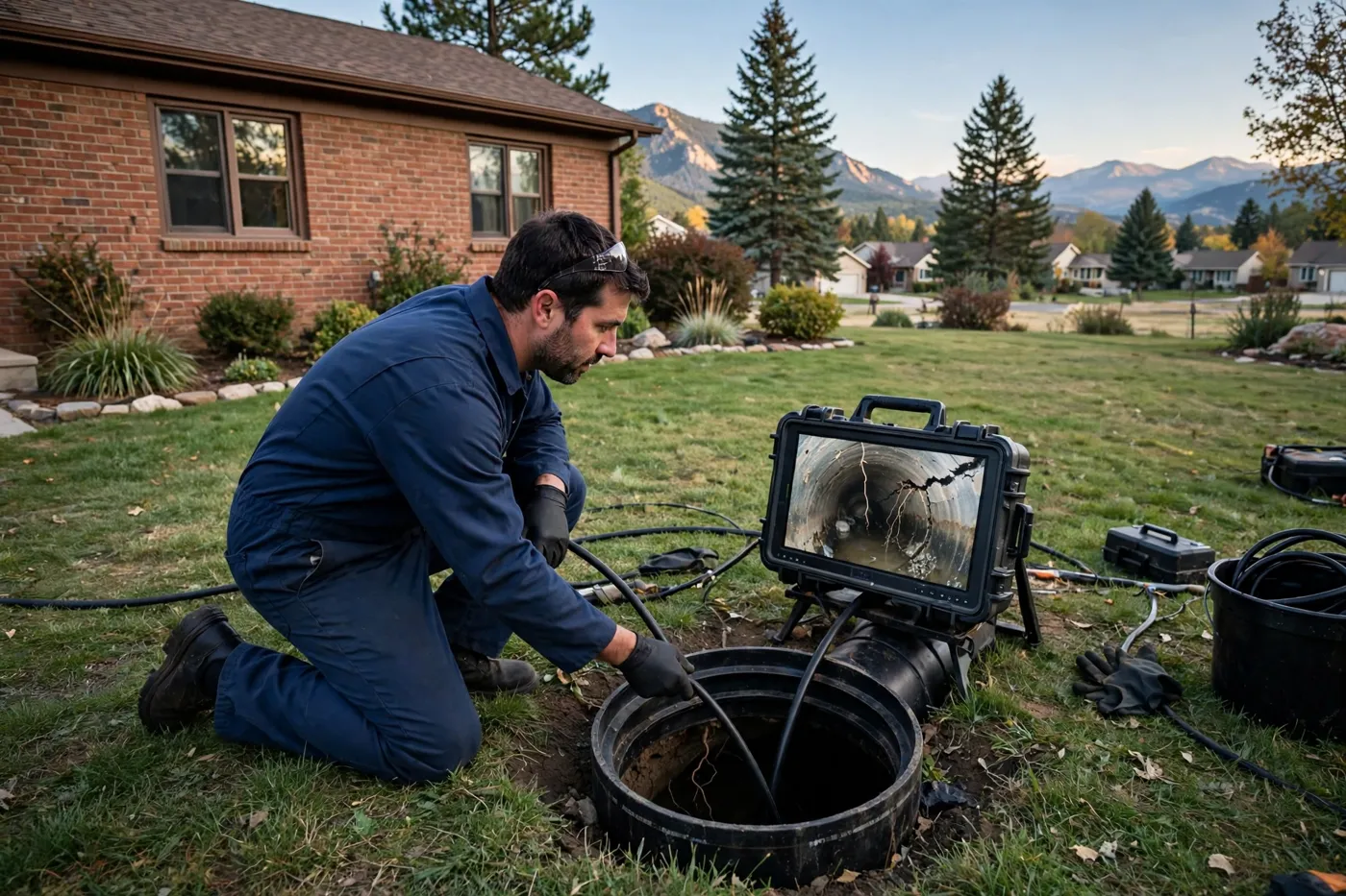 Technician in a plain navy uniform feeding a camera cable into a yard cleanout while a monitor shows a cracked, root-filled sewer pipe