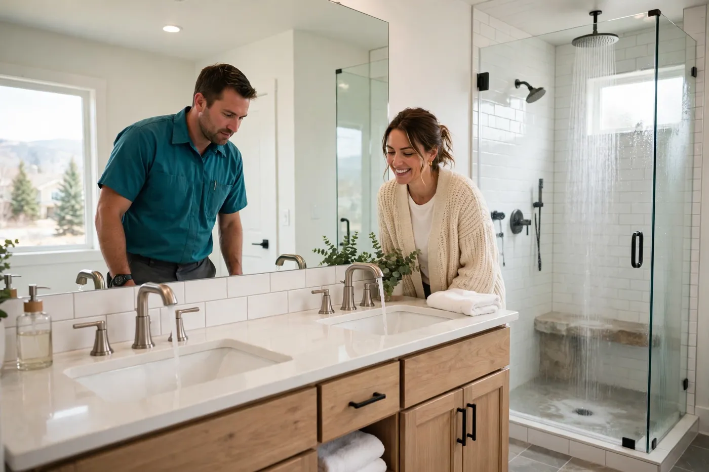 Technician and homeowner watching both bathroom faucets and the shower run clear water freely during a final flow test