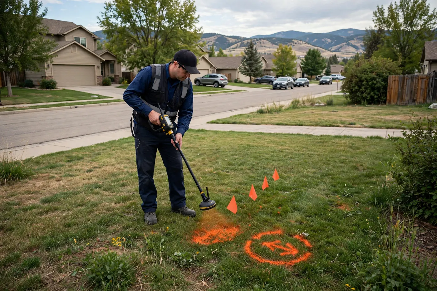 Technician using a locator wand over a lawn marked with orange flags and paint at a sewer fault location