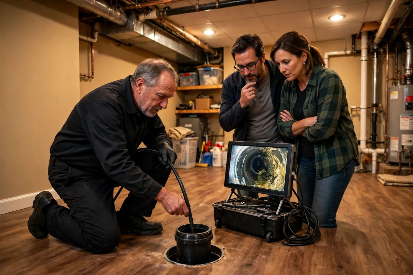 Older technician feeding a camera into a basement floor cleanout while a couple watches a monitor showing grease and scale buildup inside the pipe