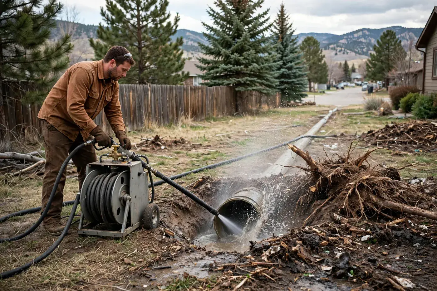 Worker in a brown shirt jetting a sewer pipe opening with a hydro-jet machine, with cut roots and debris piled beside it