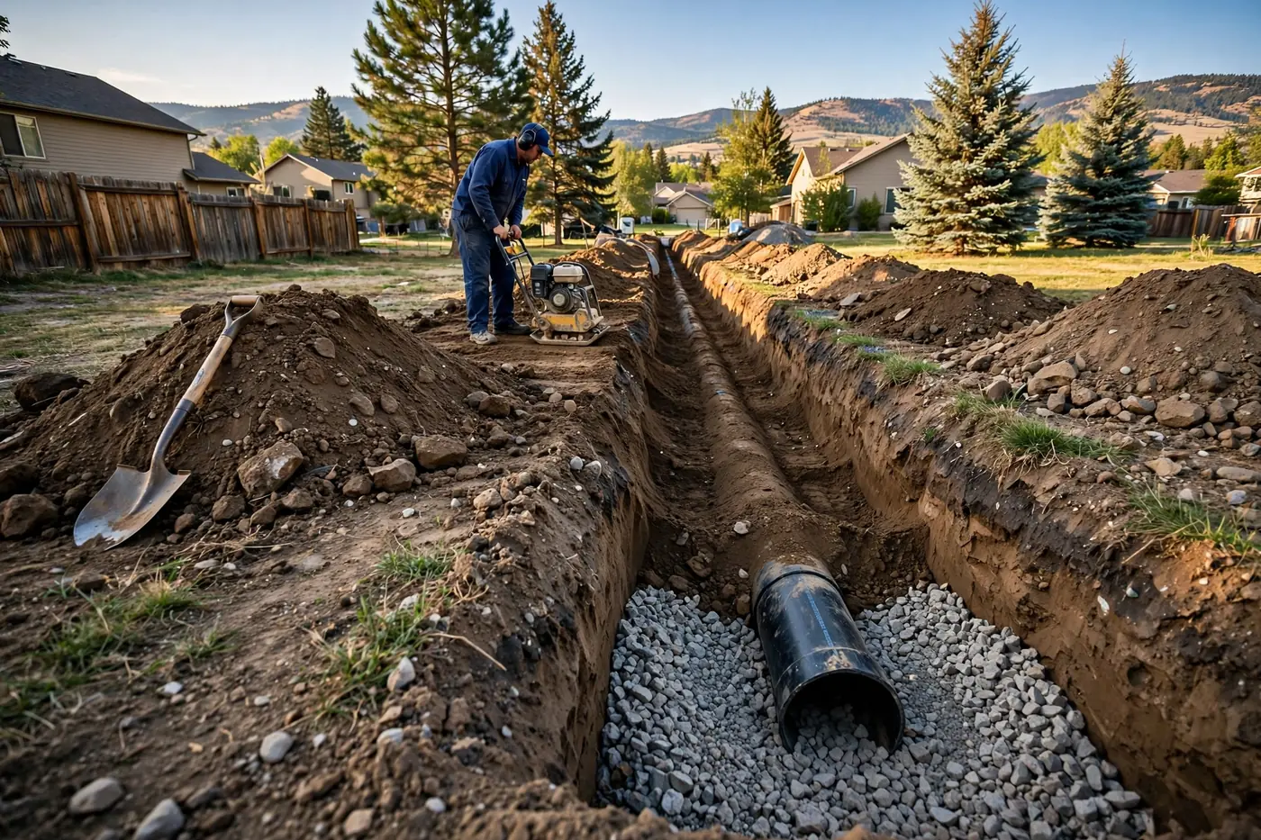 Worker compacting backfilled soil in layers along a trench with the new pipe bedded in gravel at the open end