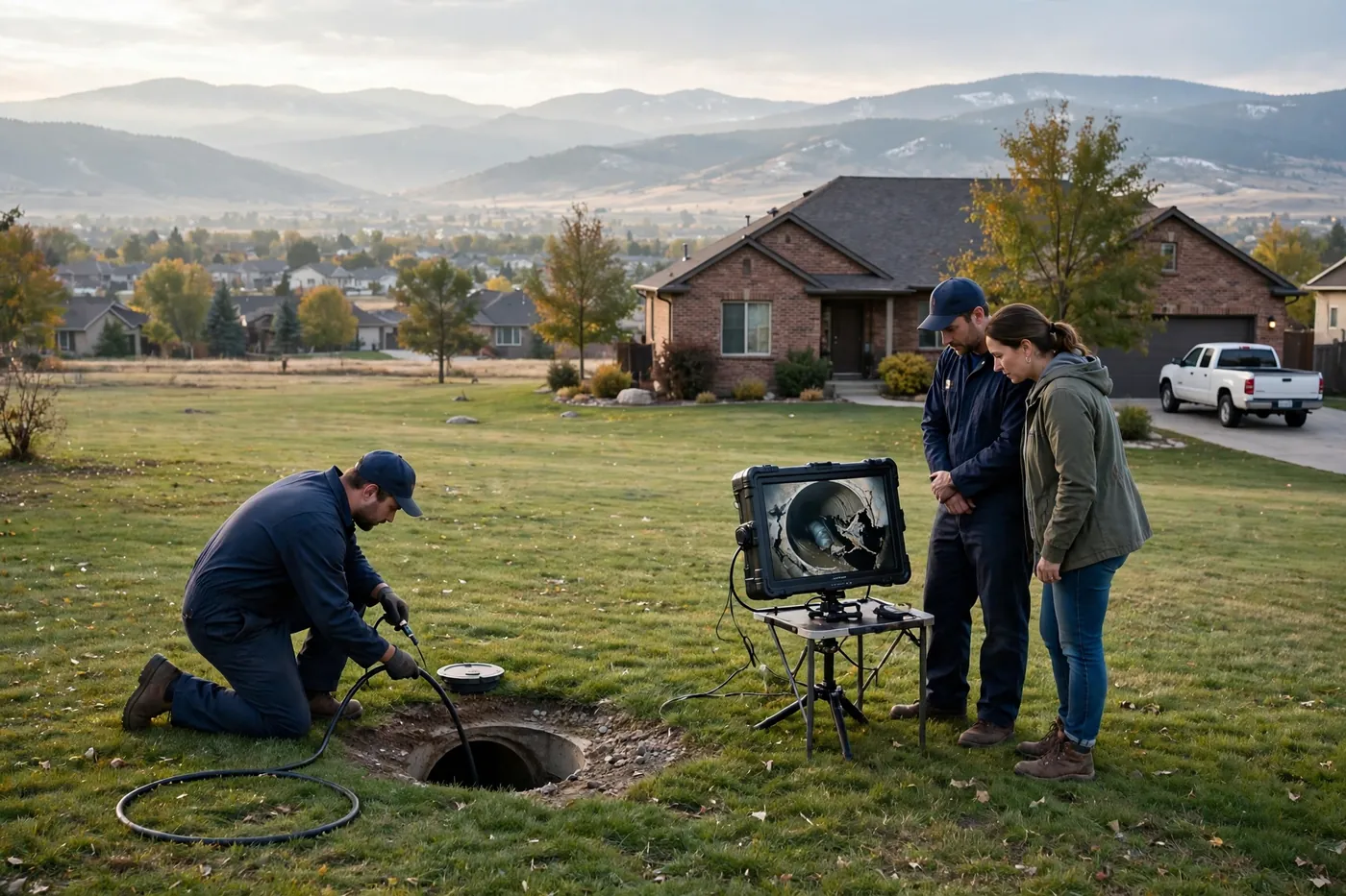 Worker feeding a sewer camera into a yard cleanout while a colleague and homeowner watch a monitor showing a cracked pipe, brick Littleton home with foothills behind