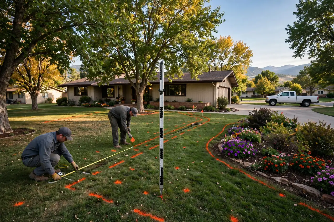 Two workers measuring with a tape and placing marker flags and orange spray lines for a new sewer route across a ranch home lawn, survey rod in the foreground