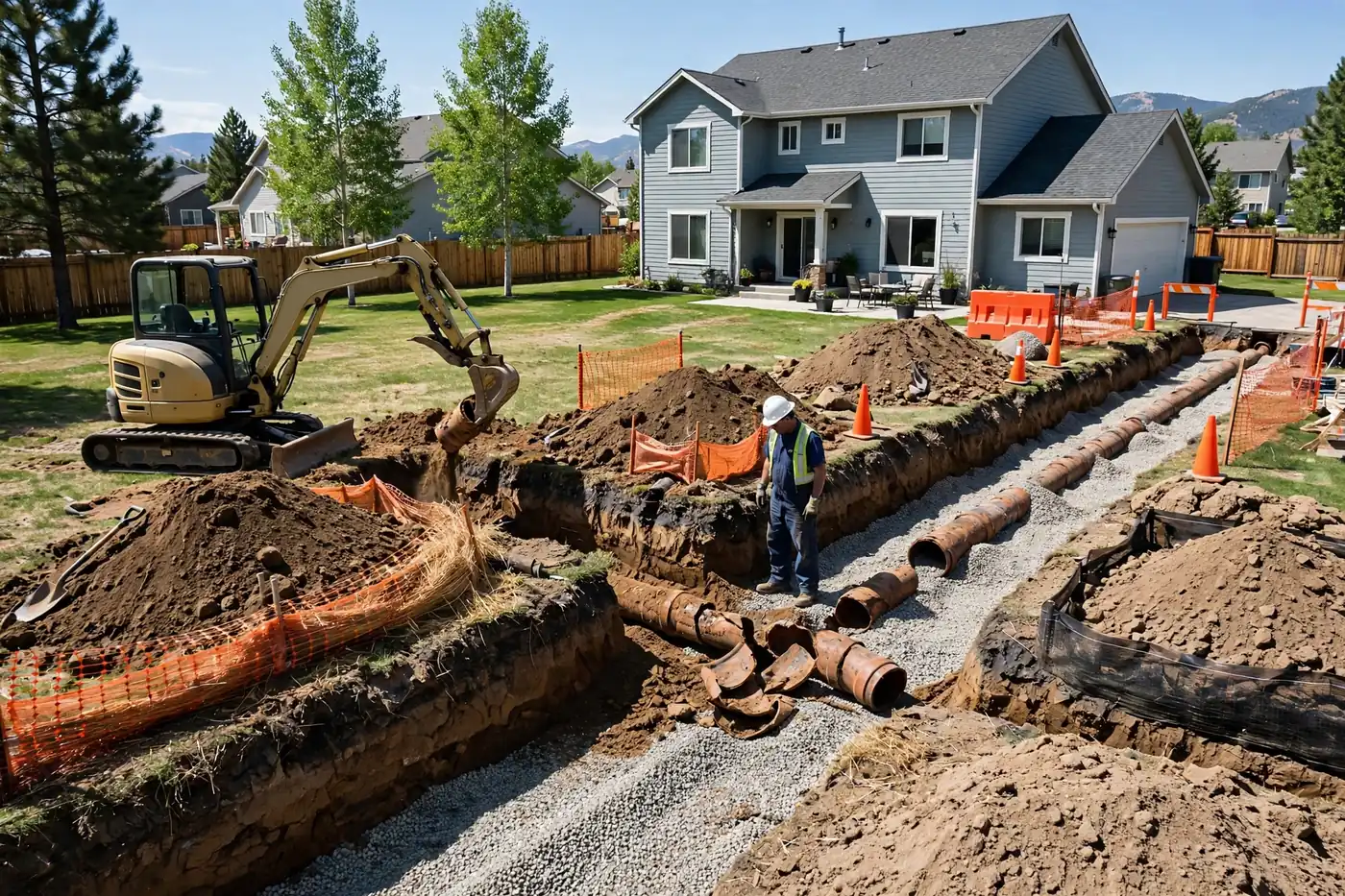 Mini excavator lifting old clay pipe sections out of a staged, barrier-fenced trench with gravel bedding, worker in hard hat supervising beside a two-storey home