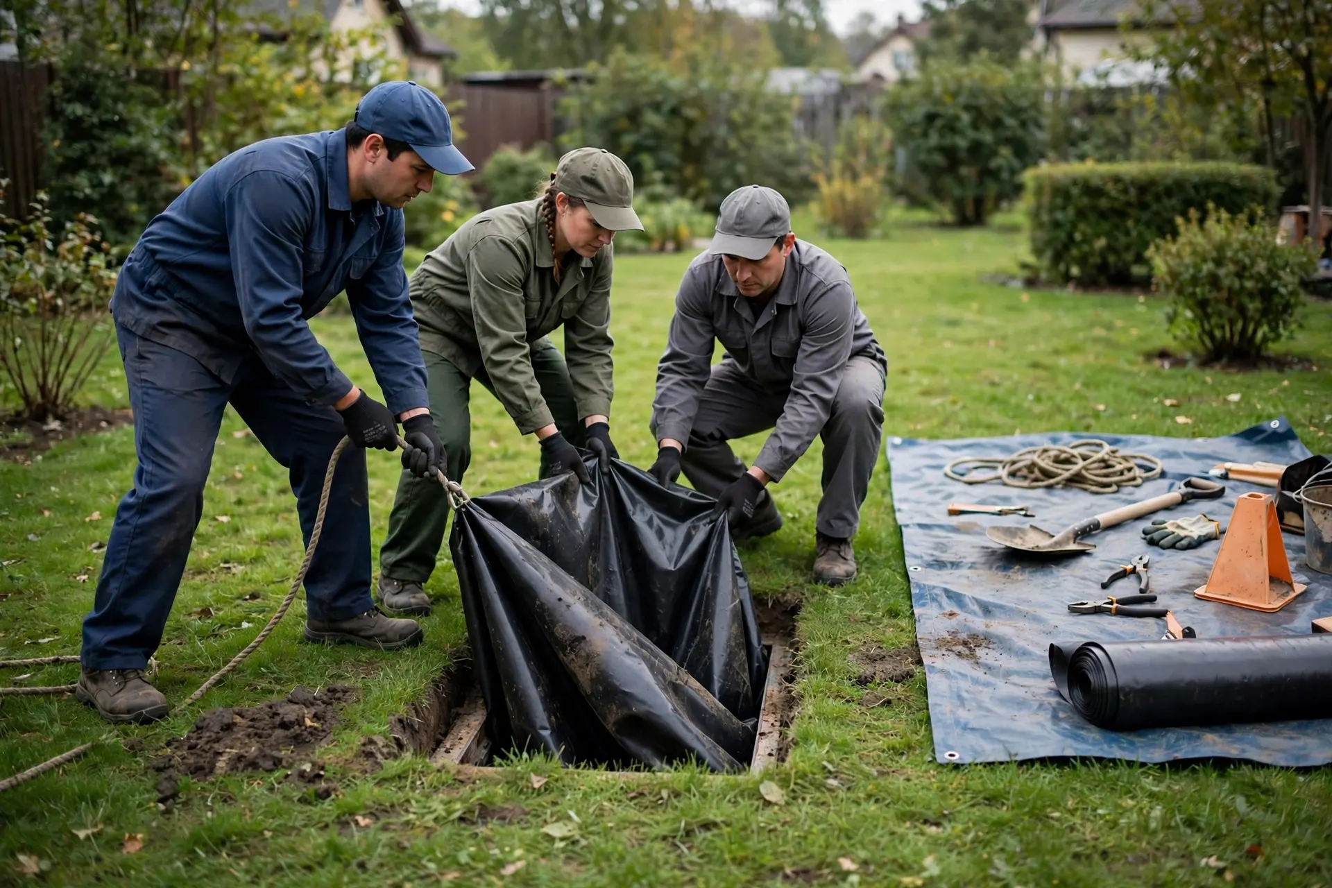 Workers pulling a liner through a small access pit